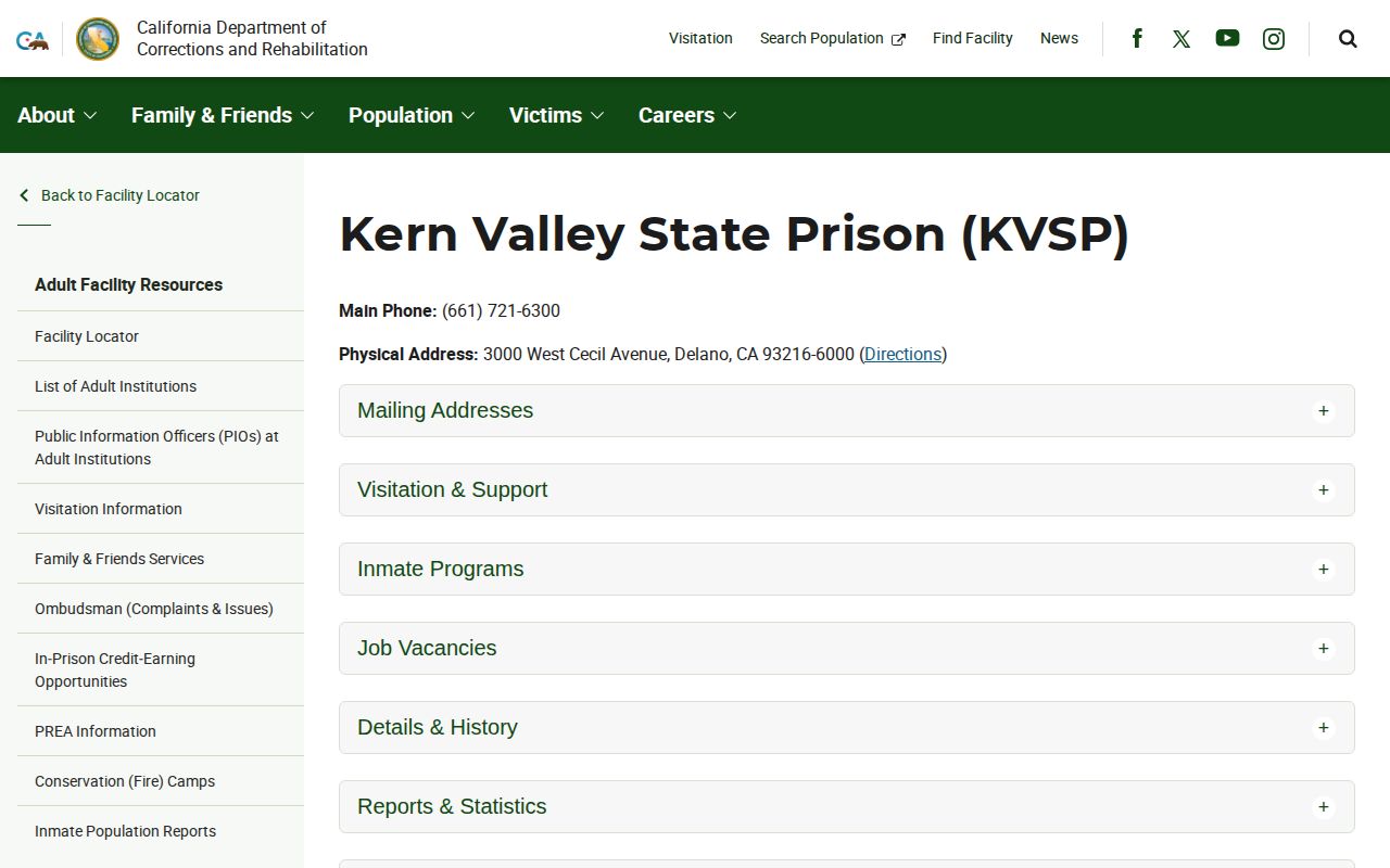 Kern Valley State Prison CDCR facility locator page
