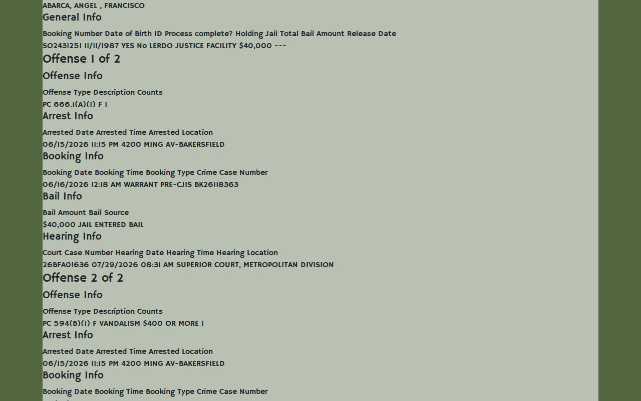 Kern County released inmate printable record fields including release date