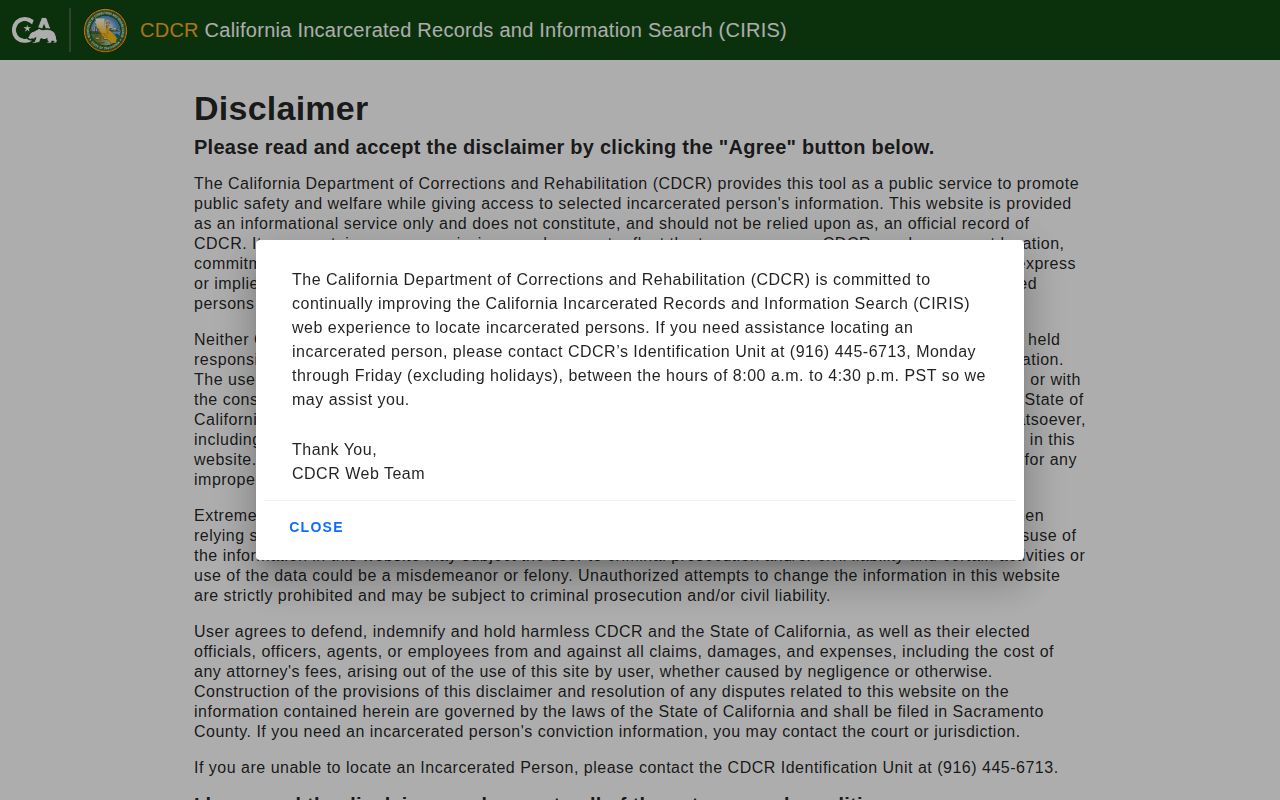 CDCR CIRIS search page for projected release date checks in Kern County state-prison cases